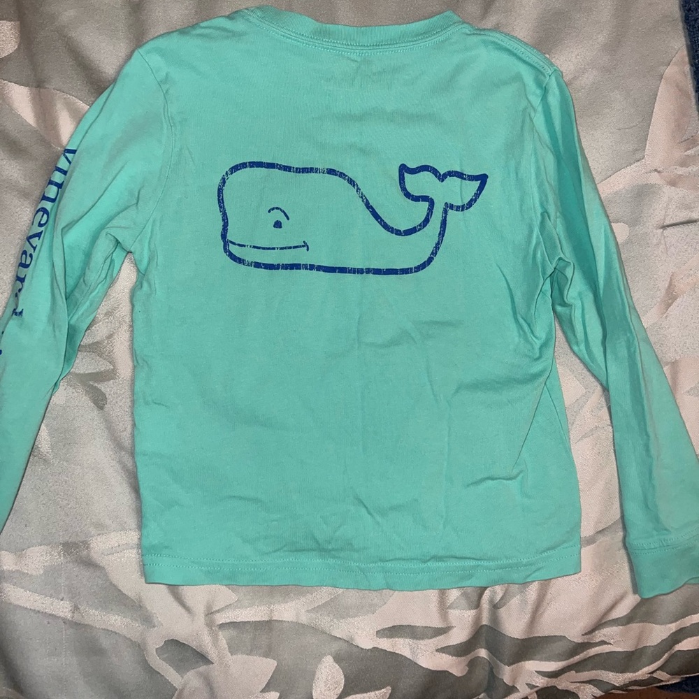 Vineyard Vines Kids 5 Long Sleeve Pocket Tee teal pocket and whale logo